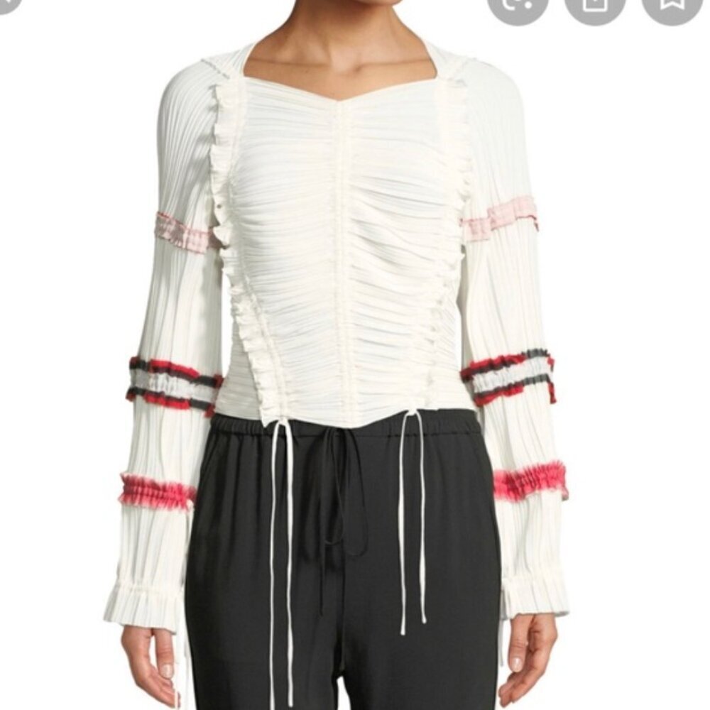 Phillip Lim 3:1 White Pleated Chinch Style Unique Designer Blouse Fringe Ties 4